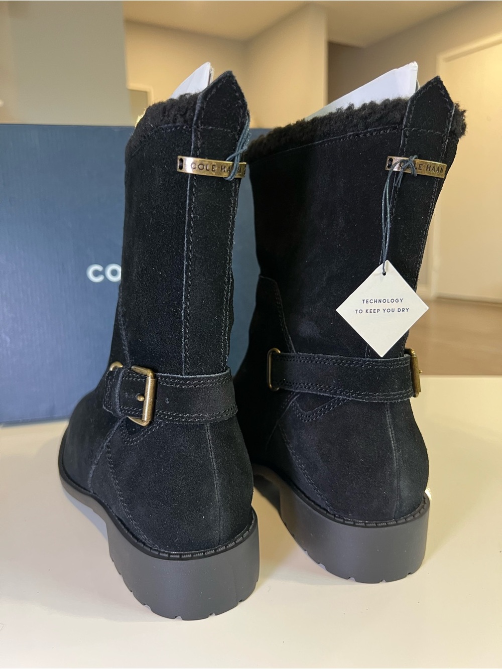 Cole Haan Black Suede Shearling-Lined Buckle Ankle Boots - Picture 5 of 8